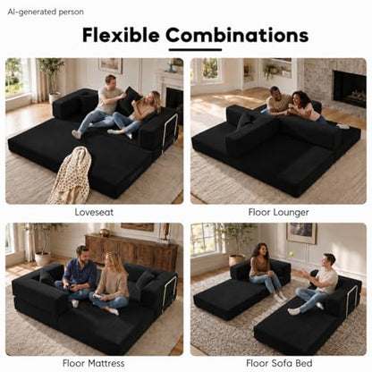 Folding Sofa Bed Convertable Corduroy Couch King Size Floor Sleeper 4-in-1 DIY Combination Modular Sofa Fold Out Futon Lounge Comfy Foldable Lazy cama for Living Room (Black, 80.3 inch Sofa)