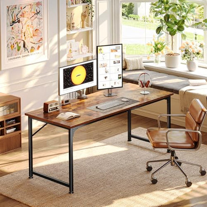 55 Inch Computer Desk, Home Office Desk with Spacious Desktop, Modern Gaming Desk, Writing Study Table for Bedroom, Small Spaces, Work from Home Desk with Metal Frame, Rustic Brown