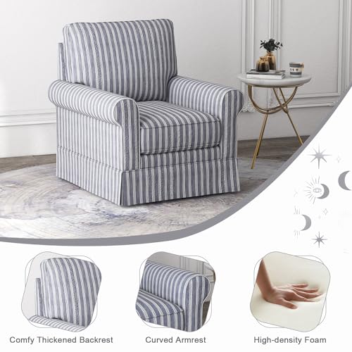 Swivel Accent Chair Linen Mid Century Modern Chair, Comfy Swivel Barrel Reading Chair, Upholstered Square Chair for Living Room Bedroom Small Spaces, Fully Assembled, Blue Stripe