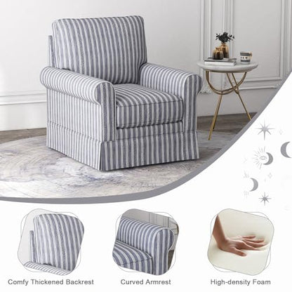 Swivel Accent Chair Linen Mid Century Modern Chair, Comfy Swivel Barrel Reading Chair, Upholstered Square Chair for Living Room Bedroom Small Spaces, Fully Assembled, Blue Stripe
