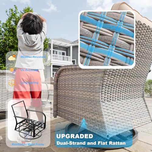 5-Piece Small Patio Furniture Set, Outdoor Swivel Rocking Chairs Set with Ottomans, Patio Bistro Set for Balcony, Deck, Porch, Khaki