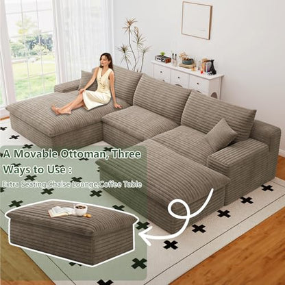 107" Cloud Couch Modular Sectional Sofa for Living Room,U-Shape Boneless Sectional Couch with Deep Seat,Modern Corduroy 3-Seater with Ottoman,Couch in a Box No Assembly(Camel,Left-Facing Chaise)