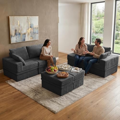142" Modular Sectional Sofa with Storage, 6-Seater High Density Foam Boneless Couch with Ottoman, 27" Deep Corduroy Oversized Cloud Couch for Living Room, Tool-Free Assembly, Dark Gray