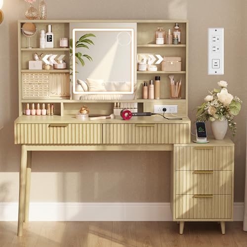 VASAGLE Fluted Vanity Desk with Sliding Mirror and Lights, 5 Drawers, view 2