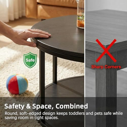 36" Modern Round Coffee Table for Living Room, 2-Tier Wood Design with Storage Shelf, Sturdy Metal Frame, Stylish Small Space Furniture, Black Metal