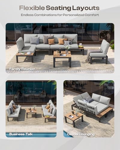 Aluminum Modular Outdoor Patio Furniture Set, 6 Seats Patio Sectional Sofa Set with Adjustable Backrest & Thick Cushions, All-Weather Conversation Sets with Table for Garden & Yard, Gray