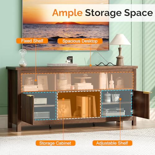 58" Fluted TV Stand for TVs up to 70", Modern TV Stand with Storage & Adjustable Shelves, Elegant Media Console Entertainment Center for Living Room & Bedroom, Walnut
