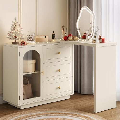 59" Makeup Vanity Desk, Beige Vanity Dresser for Girls and Women, view 4