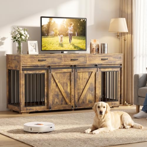 71" Double Dog Crate Furniture with 3 Drawers, view 2