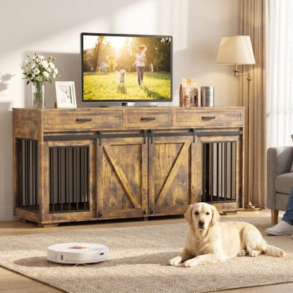 71" Double Dog Crate Furniture with 3 Drawers, view 2