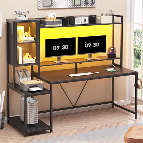 60'' Gaming Desk with Storage, Hutch, Display Cabinet and LED Lights, view 4