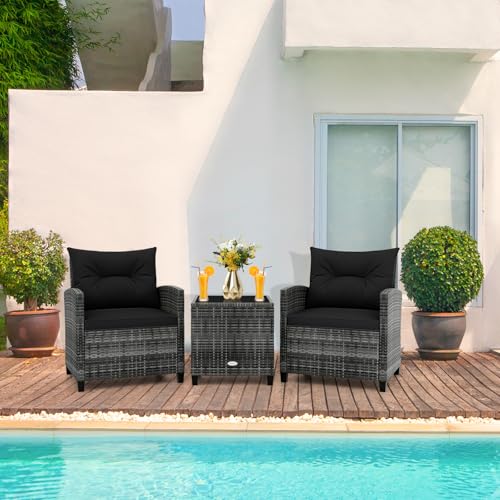 3 Piece Patio Furniture Set, Wicker Bistro Conversation Set w/2 Cushioned Armchairs & Glass Topped Table, Outdoor Rattan Sofa Set Patio Furniture for Porch Balcony Poolside (Grey-Black)