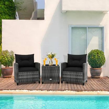 3 Piece Patio Furniture Set, Wicker Bistro Conversation Set w/2 Cushioned Armchairs & Glass Topped Table, Outdoor Rattan Sofa Set Patio Furniture for Porch Balcony Poolside (Grey-Black)