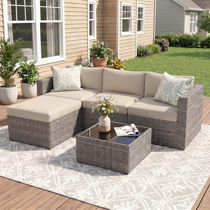 5 Piece Outdoor Patio Furniture Set, All Weather Wicker Rattan Sectional Sofa Conversation Set with Cushions & Glass Coffee Table, Ideal for Porch Garden Balcony Backyard, Beige