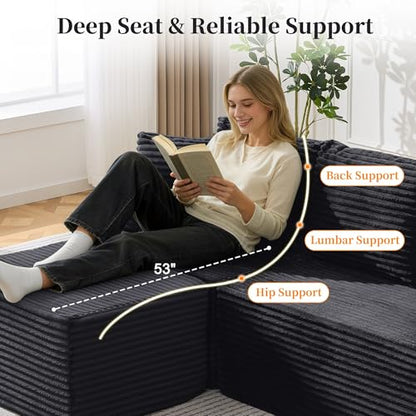 Cloud Modular Sectional Sofa with L-Shaped, Boneless Couches for Living Room, Fluffy Comfy Corduroy Deep Seat with Ottoman, Bedroom, Apartment, No Assembly Required