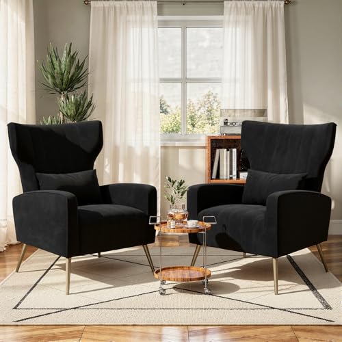 Black Velvet Accent Chair Set of 2, Wingback Chair for Living Room, High Back Arm Chair with Golden Legs Lumbar Pillow, Upholstered Single Sofa Bedroom