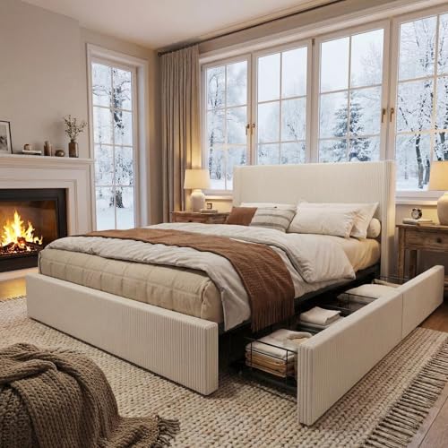 King Bed Frame with 4 Storage Drawers, Corduroy Upholstered Platform Bed, view 3