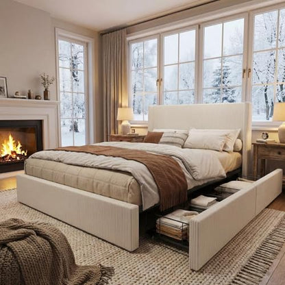 King Bed Frame with 4 Storage Drawers, Corduroy Upholstered Platform Bed, view 3