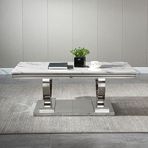 46.8" Coffee Table with Marble Top, Modern Rectangular Faux Marble Coffee Table with Silver Stainless Steel Base, Luxury White Cocktail Center Tea Table for Living Room