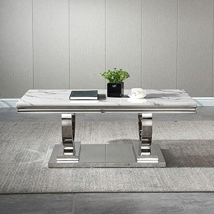 46.8" Coffee Table with Marble Top, Modern Rectangular Faux Marble Coffee Table with Silver Stainless Steel Base, Luxury White Cocktail Center Tea Table for Living Room