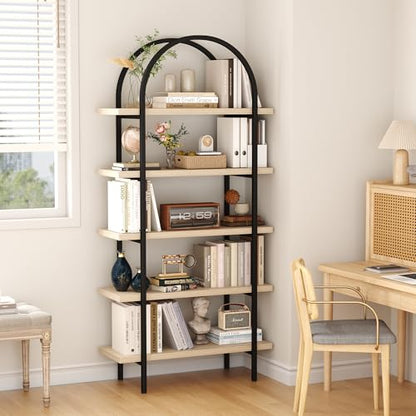 Bookshelf 5 Tier Arched Bookcase, 74" Tall Industrial Open Book Shelves for Living Room, Modern Freestanding Display Shelving Storage Rack with Metal Frame, Office, Bedroom, Natural Wood Color