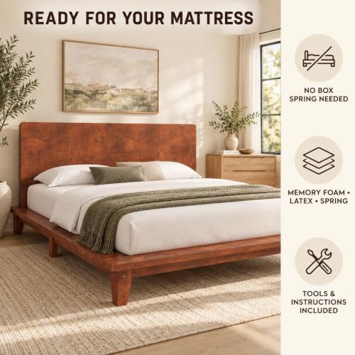 Queen Size Japanese Wooden Bed Frame with Brown Headboard, view 8