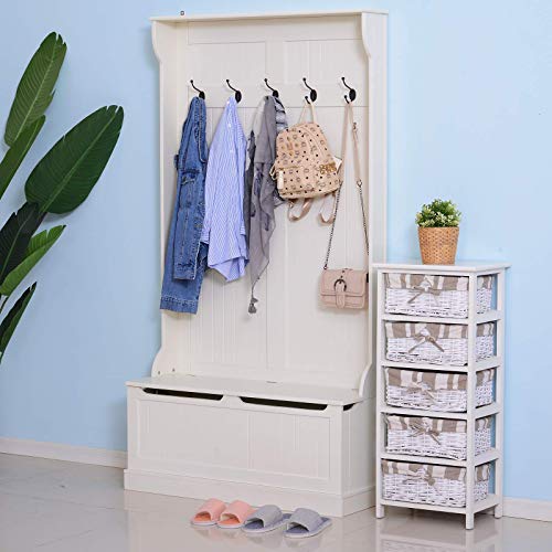 Hall Tree with Bench and Shoe Storage 3-in-1 Coat Rack Cream White, view 3