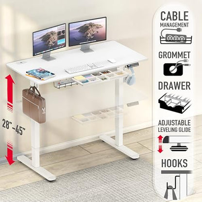 48-Inch Electric Height Adjustable Standing Desk with Drawer, Memory Preset and Cable Management Tray, White
