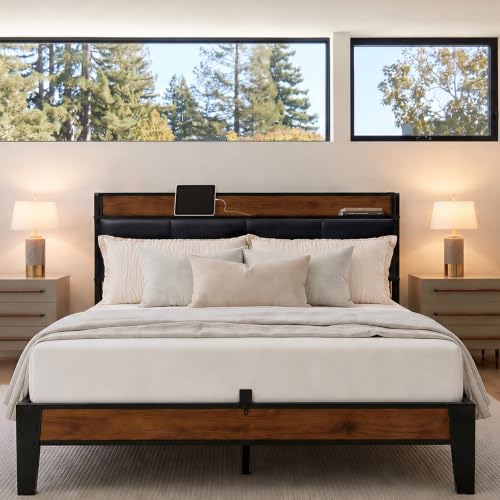 Queen Size Bed Frame with Wooden Storage Headboard & Charging Station, view 2