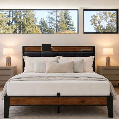 Queen Size Bed Frame with Wooden Storage Headboard & Charging Station, view 2