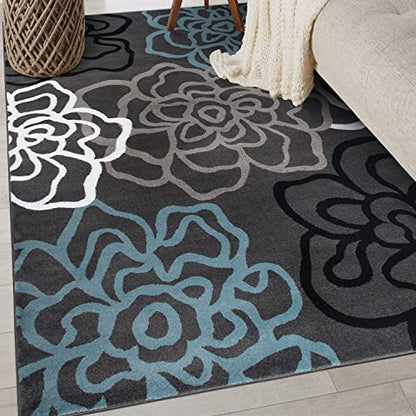 Contemporary Modern Floral Abstract Flowers Easy Maintenance for Home Office, Living Room, Bedroom, Kitchen Soft Area Rug 3'3" x 5' Gray