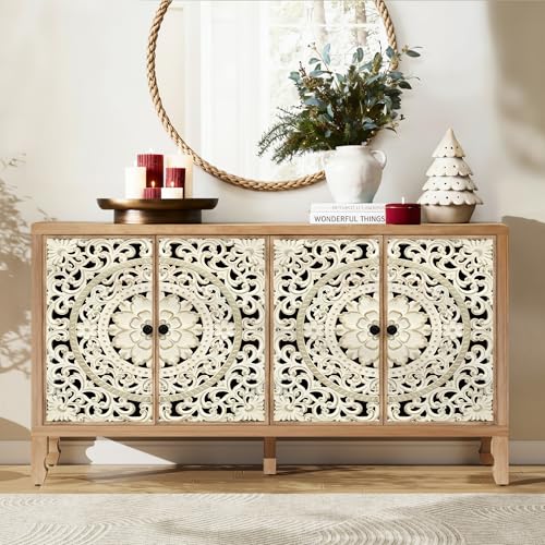 59" Solid Wood Buffet Cabinet, Accent Cabinet with 4 Carved Doors, view 2