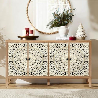 59" Solid Wood Buffet Cabinet, Accent Cabinet with 4 Carved Doors, view 2
