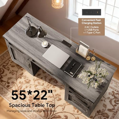 Farmhouse Computer Desk with 5 Drawers and Power Outlets, view 7