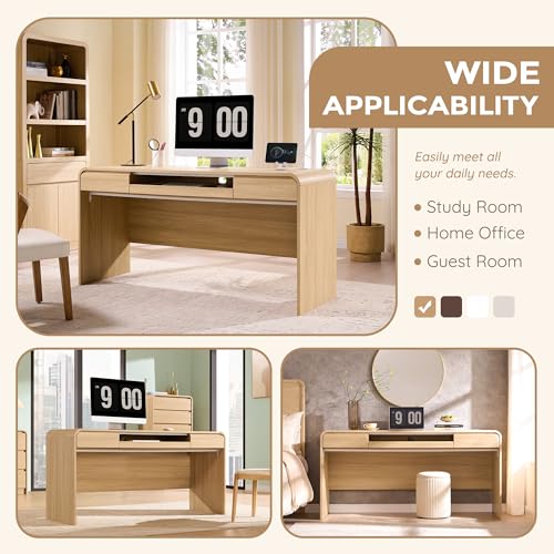63" Modern Computer Desk with 2 Drawers, Wood Curved (Natural), view 6