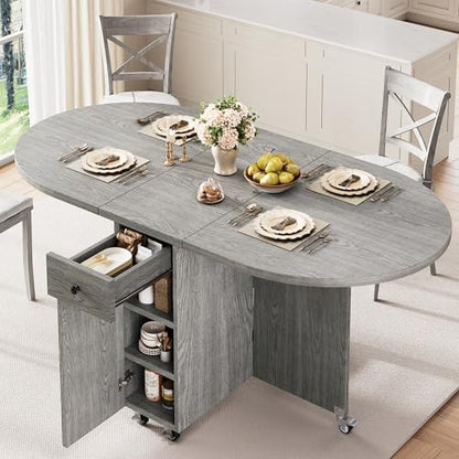 Round Folding Dining Table for 4, Space Saving Drop Leaf Kitchen Table with Storage Drawer, 6 Wheels Oval Gateleg Foldable Dining Table for Small Spaces(Grey 47 * 23.6 * 30)
