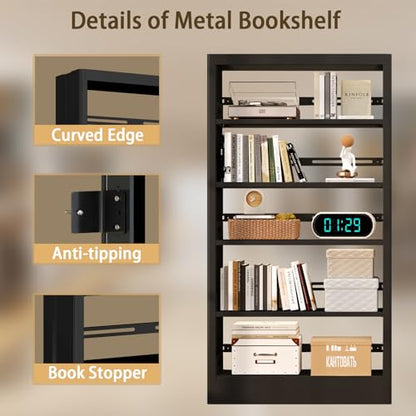 71"H Metal Bookshelf, 5 Tier Bookcase with Adjustable Shelves, Tall Bookcase,Heavy Duty Storage Bookshelves for Library, Office, Bedroom, Living Room, Classroom, Including Book Stopper (Black) | Bookcase
