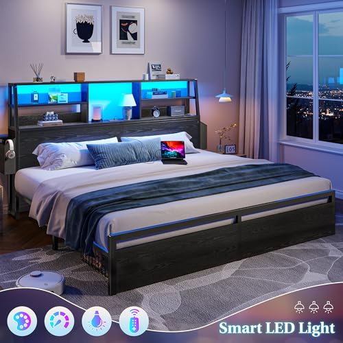 King Bed Frame with 3-Tier Storage Headboard&2 Drawers, Noise-Free, view 7