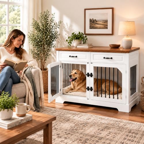 43.3" Dog Crate Furniture with Rotating Bowl for Large Medium Dogs, view 3