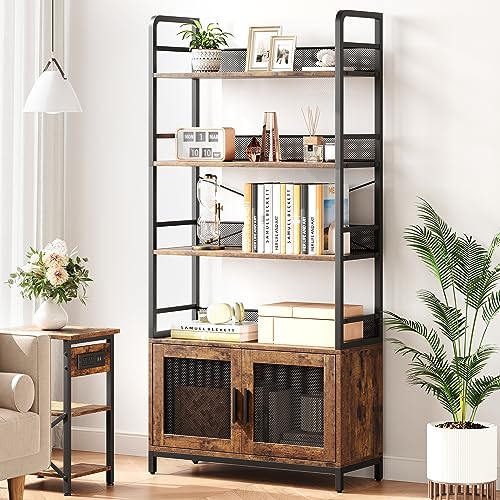 GAOMON Industrial Bookshelf with Doors 70.87" Tall Bookcase with 4 Tiers Open Storage Shelf Rustic Bookshelves Display Rack Cabinet Farmhouse Bookshelf for Bedroom, Living Room, Home Office, Brown