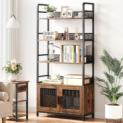 GAOMON Industrial Bookshelf with Doors 70.87" Tall Bookcase with 4 Tiers Open Storage Shelf Rustic Bookshelves Display Rack Cabinet Farmhouse Bookshelf for Bedroom, Living Room, Home Office, Brown