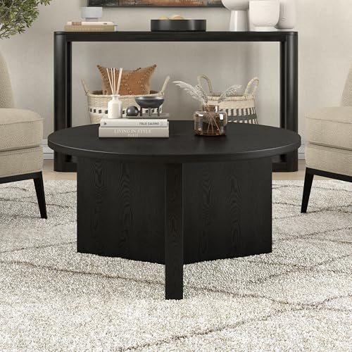 32" Round Wood Pedestal Coffee Table for Living Room, Family Room, Office, or Apartment, Natural Black