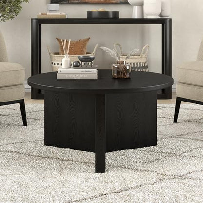 32" Round Wood Pedestal Coffee Table for Living Room, Family Room, Office, or Apartment, Natural Black