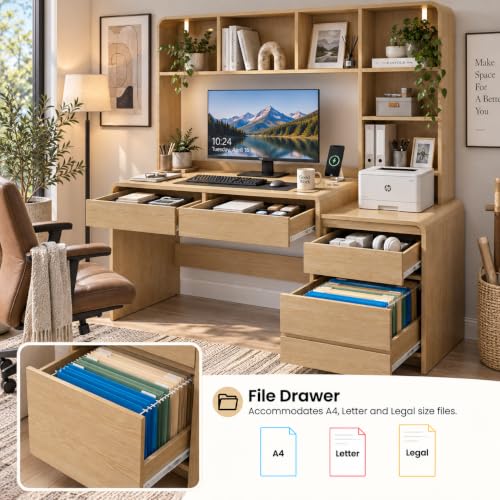 55" Computer Desk with Hutch, File Cabinet, Power Outlets & LED Lights, view 5