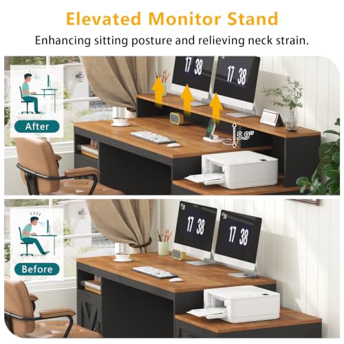 65" Farmhouse Computer Desk with Drawers and Printer Stand for Home Office, view 8