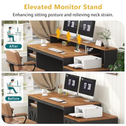 65" Farmhouse Computer Desk with Drawers and Printer Stand for Home Office, view 8