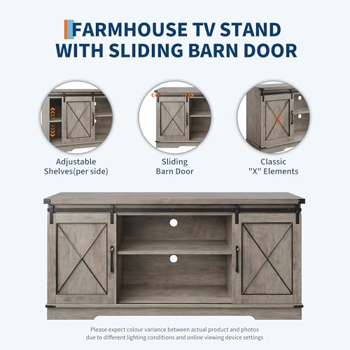 Farmhouse TV Stand for 65 Inch TV, Sliding Barn Doors, Grey, view 6