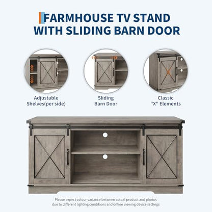Farmhouse TV Stand for 65 Inch TV, Sliding Barn Doors, Grey, view 6