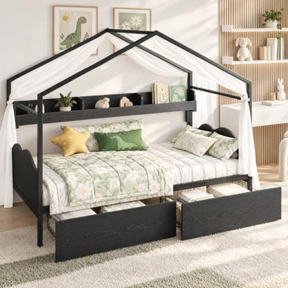 Twin House Bed Frame with 2 Drawers & Curved Headboard, Black, view 2