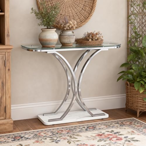 Silver Glass Console Tables for Entryway,Glass Entryway Table with Curved Frames and Marble Base, Modern Entrance Table Sofa Table for Living Room,Hallway,Silver Glass&White Marble